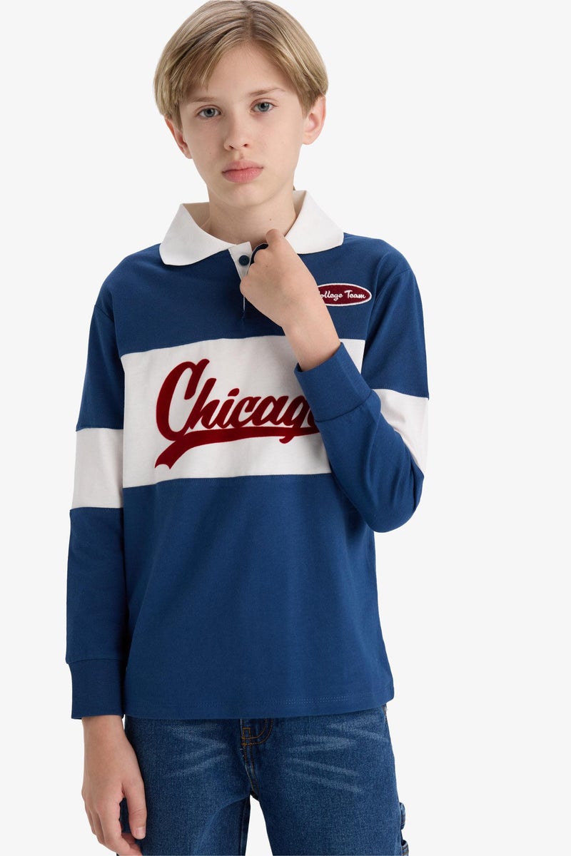 DeFacto Blue Boy Boy Oversize Fit Embroidered Long Sleeve T-Shirt Casual - Image 4